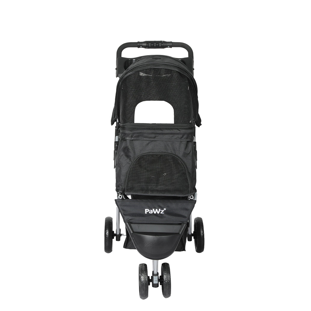Large black pet stroller with a foldable steel frame, mesh windows, and durable waterproof fabric