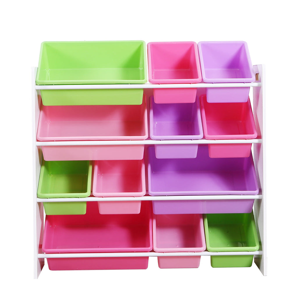 White wooden kids toy organizer bookshelf featuring 12 colorful plastic storage bins in various sizes