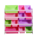 White wooden kids toy organizer bookshelf featuring 12 colorful plastic storage bins in various sizes