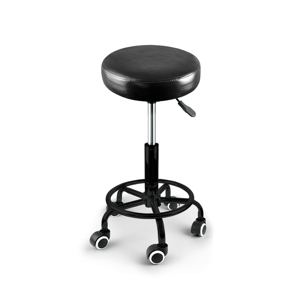 Set of two black PU leather Levede swivel bar stools with casters and circular footrests