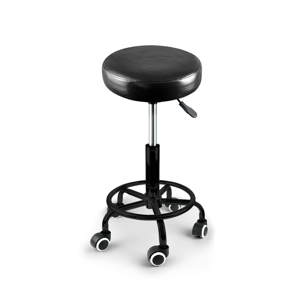 Set of two black PU leather Levede swivel bar stools with casters and circular footrests