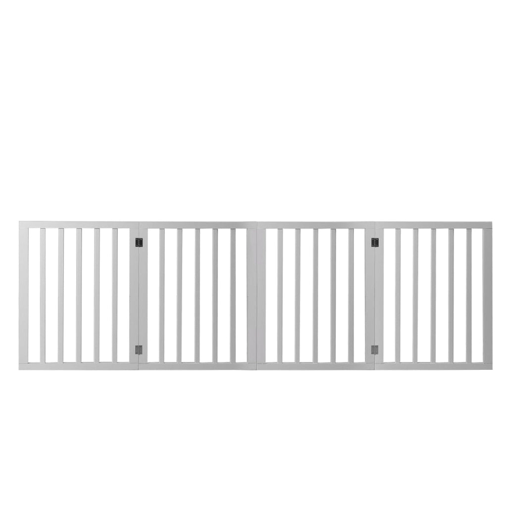 White freestanding wooden pet gate with three folding panels for indoor dog safety