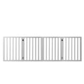 White freestanding wooden pet gate with three folding panels for indoor dog safety