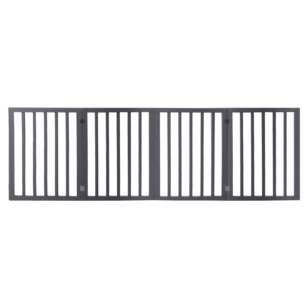Grey wooden freestanding foldable pet gate with three panels and anti-scratch rubber feet