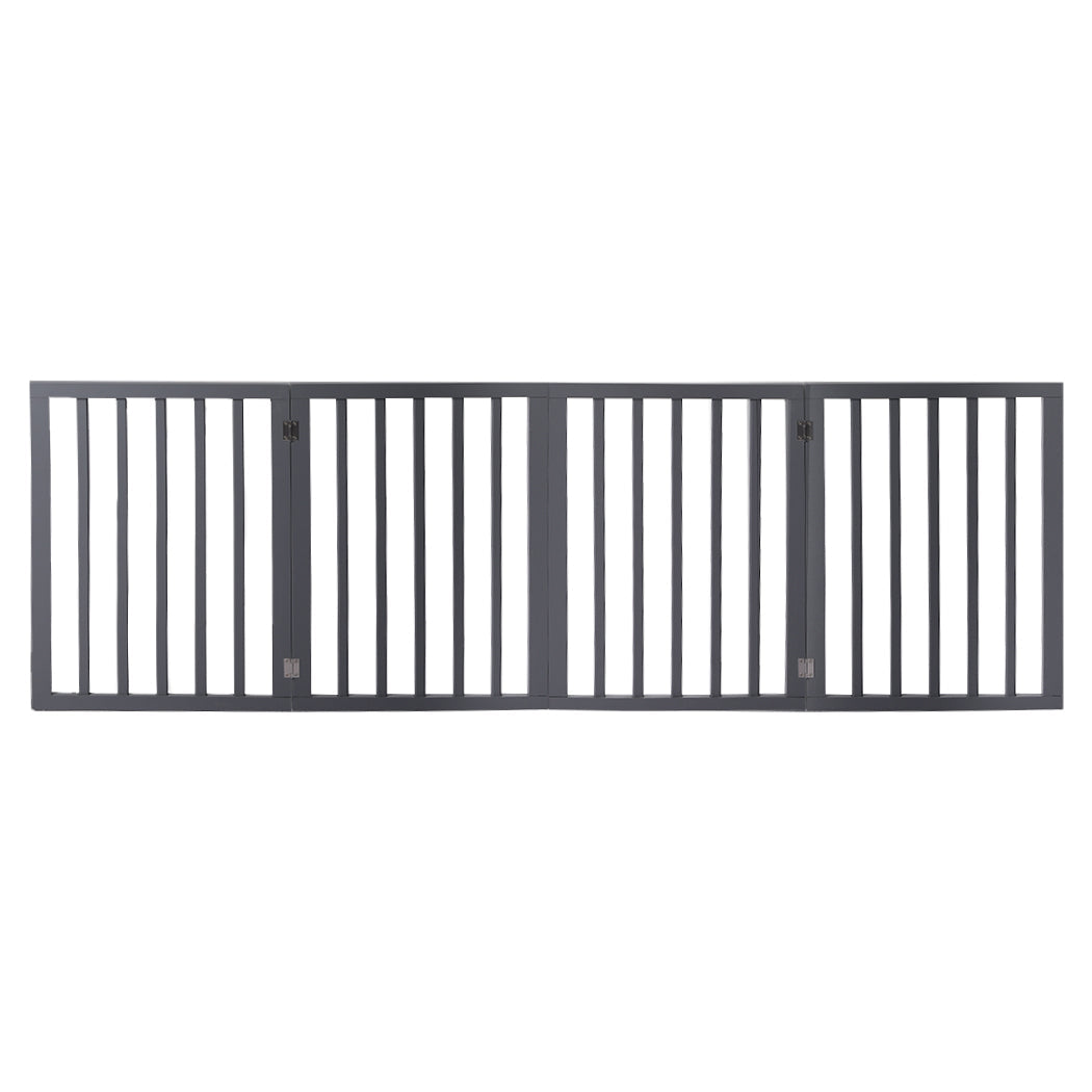Grey wooden freestanding foldable pet gate with three panels and anti-scratch rubber feet