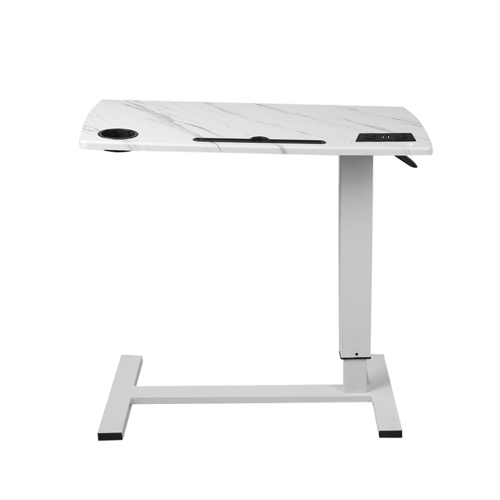 White adjustable standing desk with built in USB ports, tablet groove, and hidden wheels