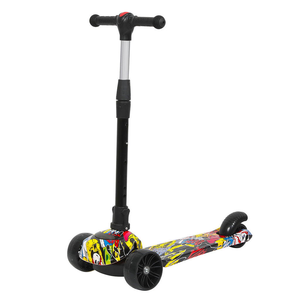 Blue foldable kids three wheel scooter with flashing LED wheels and adjustable height handlebars
