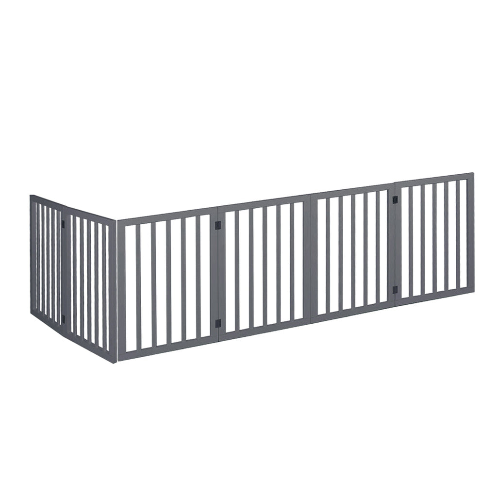 Freestanding grey wooden six panel pet gate folded open on a smooth indoor floor