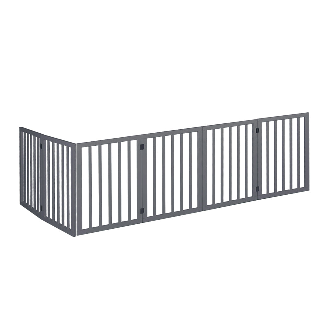 Freestanding grey wooden six panel pet gate folded open on a smooth indoor floor