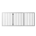 Retractable wooden pet gate in white with three folding panels for indoor dog boundaries.