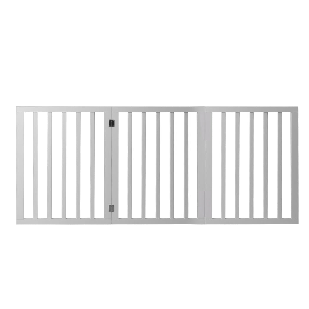 Retractable wooden pet gate in white with three folding panels for indoor dog boundaries.