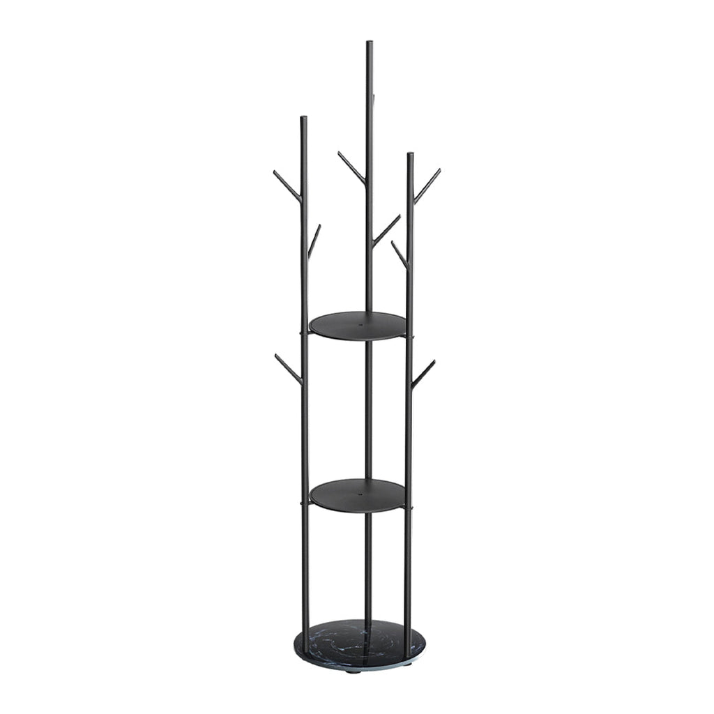 Black steel coat rack with gold accents, storage shelves, hooks, and a faux marble base