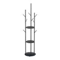 Black steel coat rack with gold accents, storage shelves, hooks, and a faux marble base