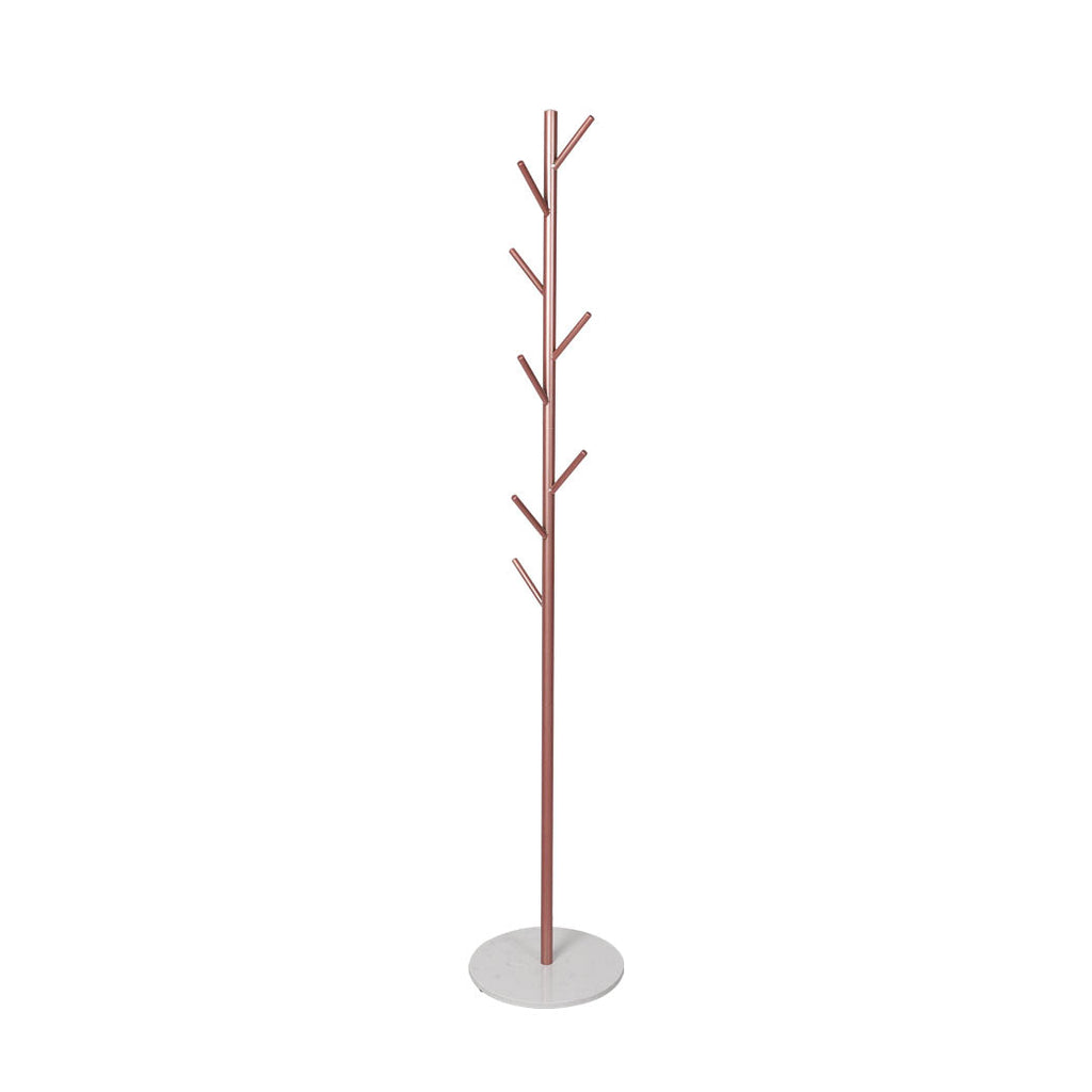Rose gold freestanding coat rack with eight branch hooks and a faux marble base