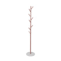 Rose gold freestanding coat rack with eight branch hooks and a faux marble base
