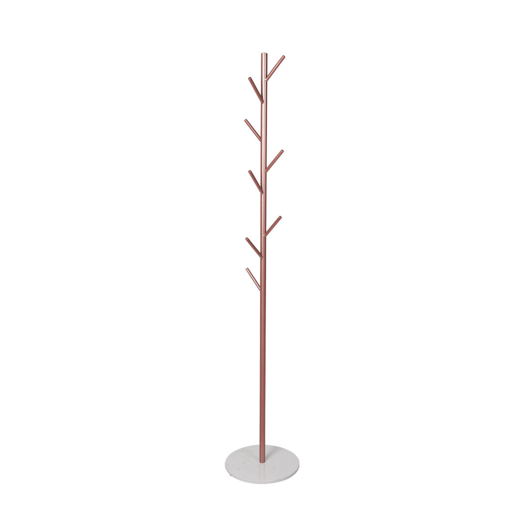 Rose gold freestanding coat rack with eight branch hooks and a faux marble base