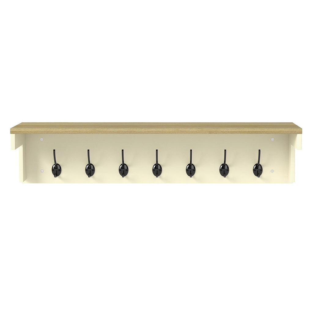Cream wall mounted coat rack with natural oak top shelf and seven metal double hanging hooks