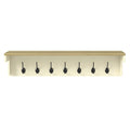 Cream wall mounted coat rack with natural oak top shelf and seven metal double hanging hooks