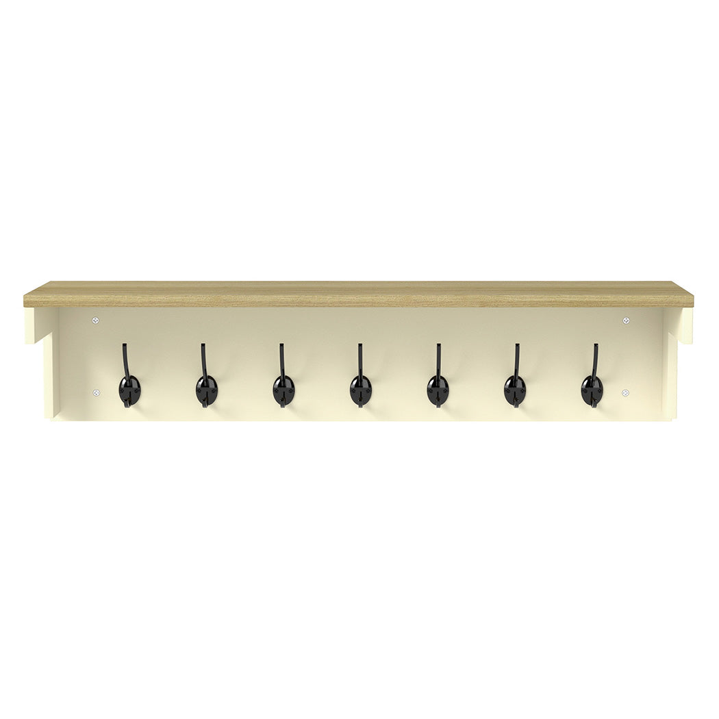 Cream wall mounted coat rack with natural oak top shelf and seven metal double hanging hooks