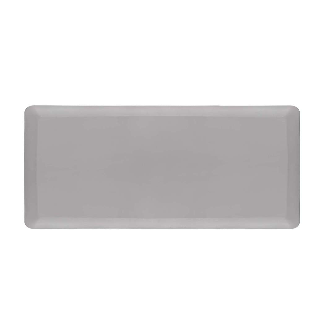 Large grey anti-fatigue standing desk mat with smooth bevelled edges and waterproof surface