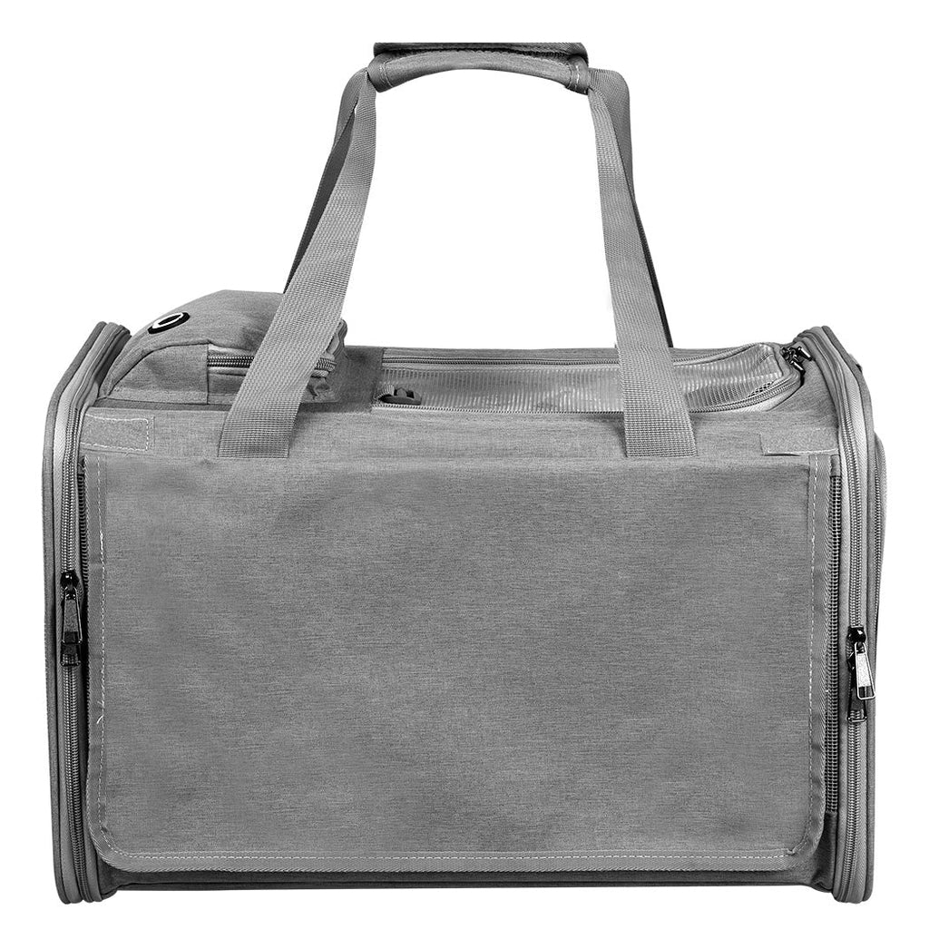 Grey waterproof pet soft crate dog carrier with breathable mesh windows and versatile shoulder strap