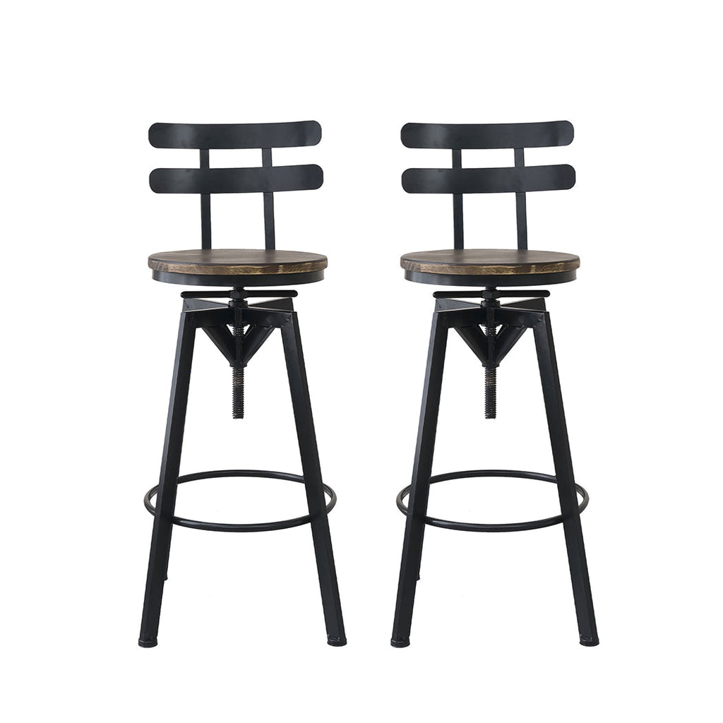 Industrial adjustable bar stool featuring a brown solid pine wood seat and sturdy dark metal frame