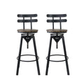 Industrial adjustable bar stool featuring a brown solid pine wood seat and sturdy dark metal frame