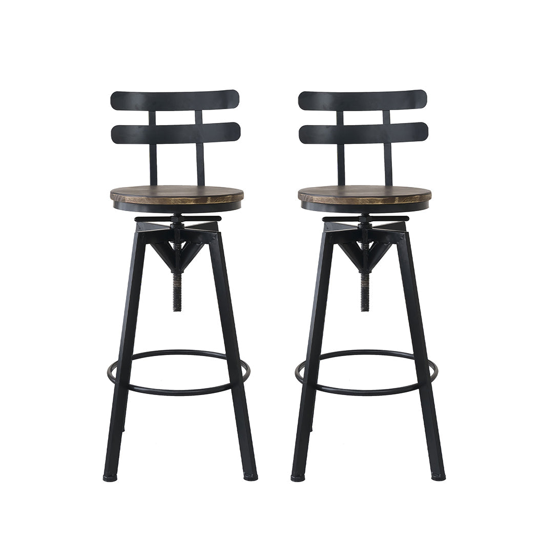 Industrial adjustable bar stool featuring a brown solid pine wood seat and sturdy dark metal frame