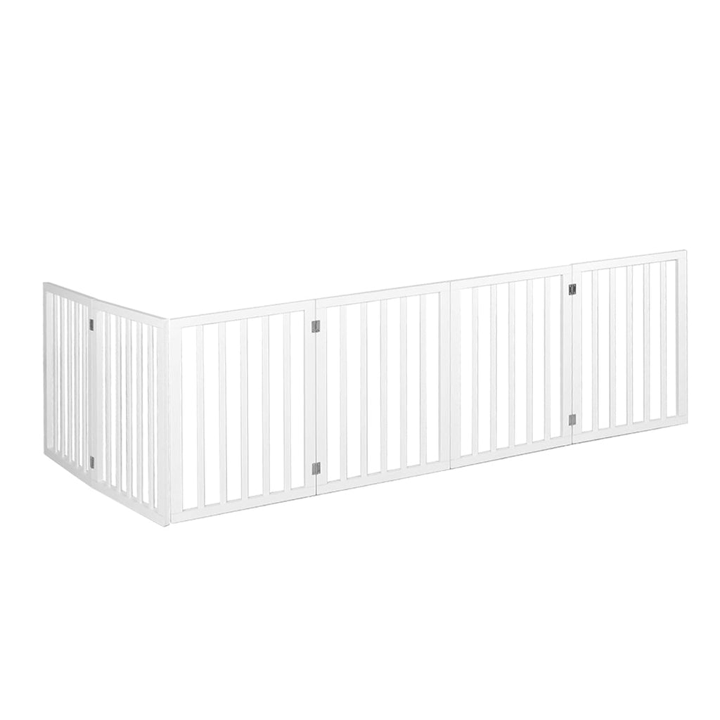 White wooden six-panel free-standing foldable pet gate fence for indoor dog and cat safety