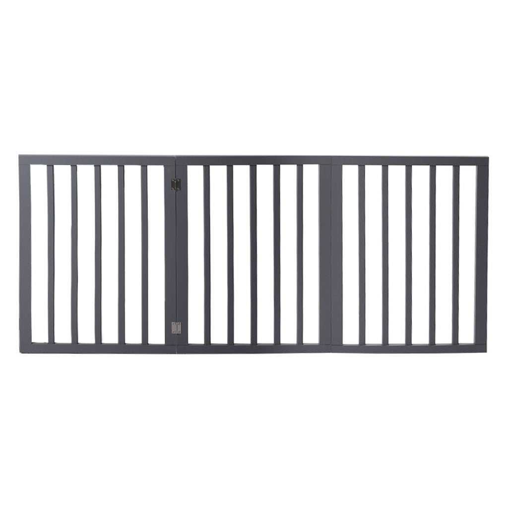 Grey wooden freestanding three panel pet gate folded out on a flat floor surface