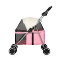 Pink foldable PaWz pet stroller with breathable canopy, detachable carrier basket, and sturdy black wheels.