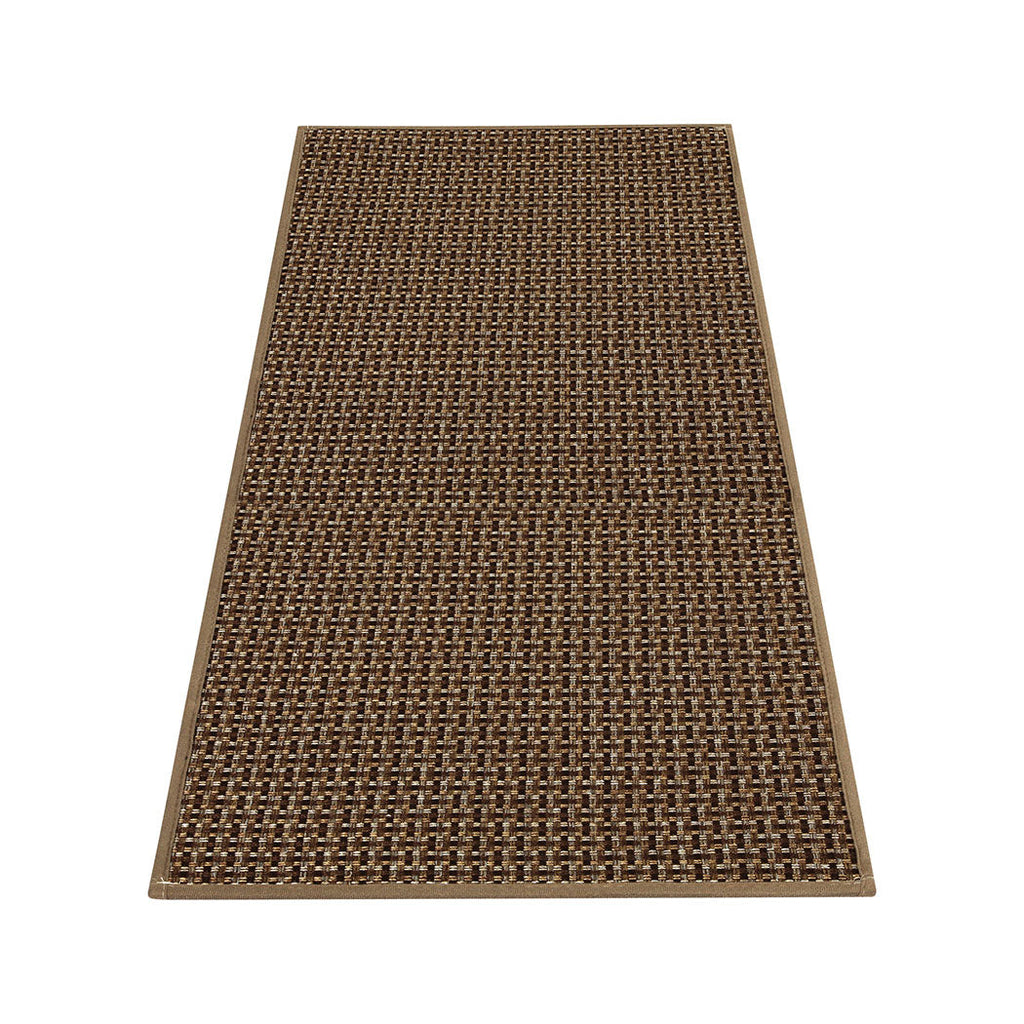 Two piece brown woven kitchen rug set with non slip rubber backing for floor protection