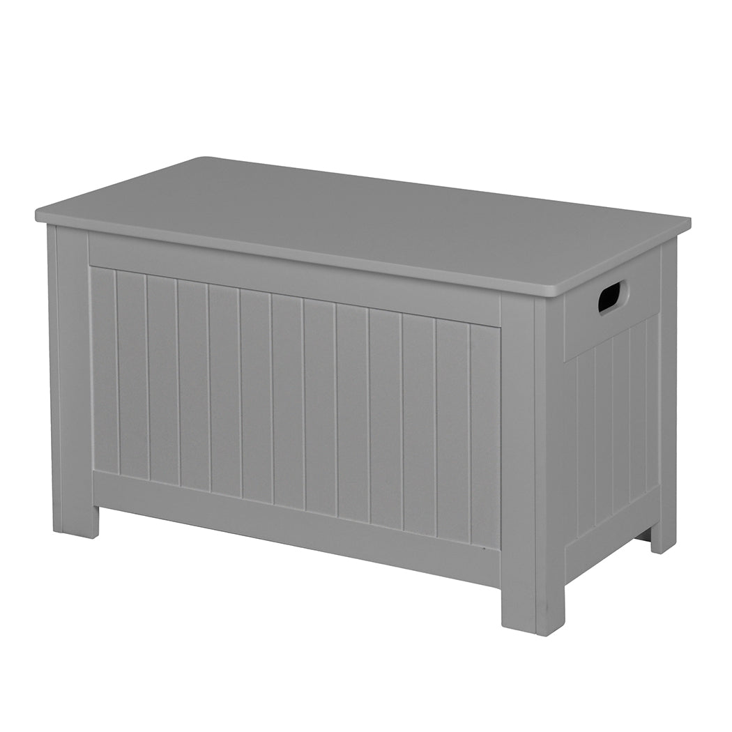 Grey wooden kids toy box storage chest with soft close hinges functioning as a bench