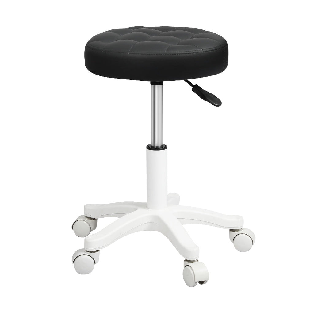 Black PU leather rolling bar stool with adjustable gas-lift steel base and smooth wheels.