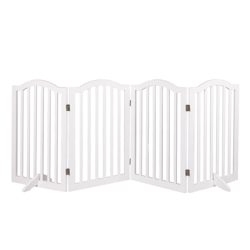 White wooden pet gate freestanding dog fence with multiple folding panels and support feet