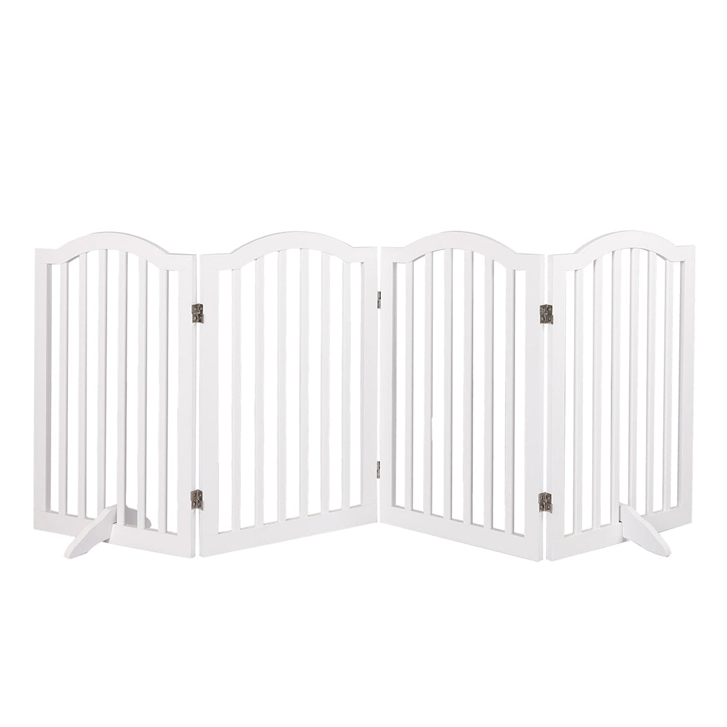 White wooden pet gate freestanding dog fence with multiple folding panels and support feet