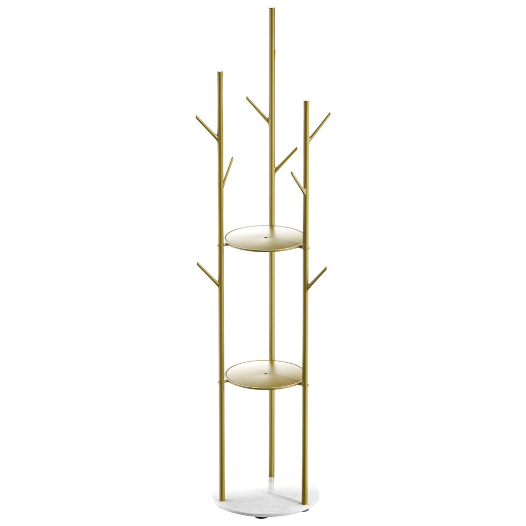 Minimalist gold steel coat rack with faux marble base and multiple hooks for entryway organization