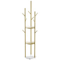 Minimalist gold steel coat rack with faux marble base and multiple hooks for entryway organization