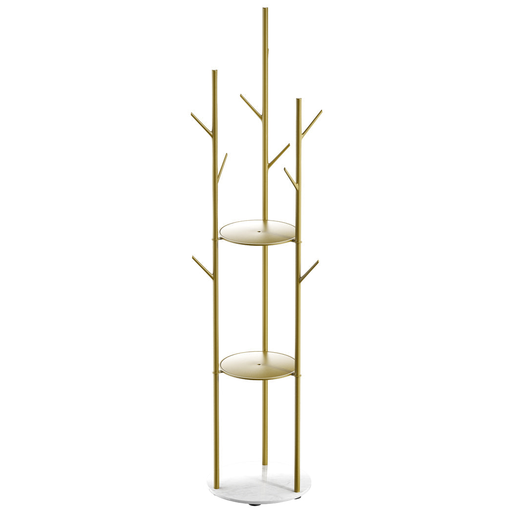 Minimalist gold steel coat rack with faux marble base and multiple hooks for entryway organization