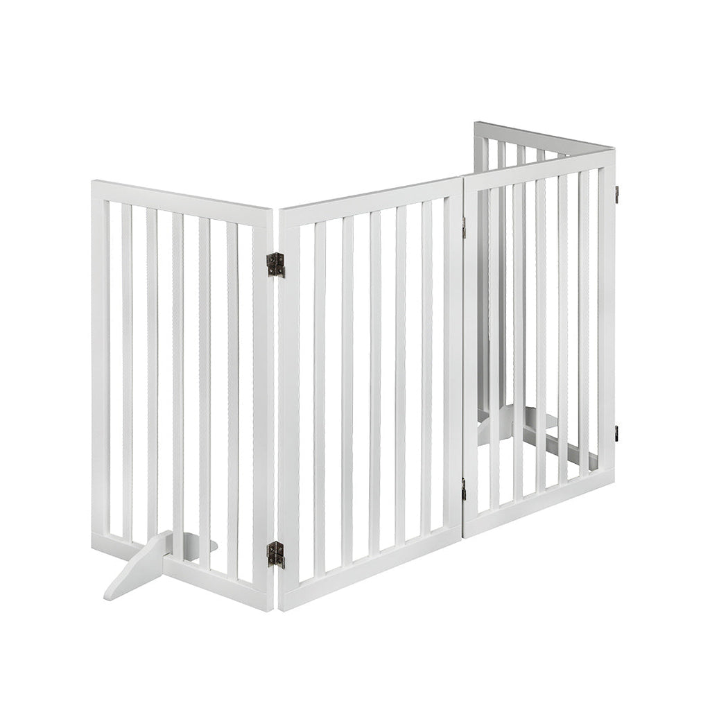 White freestanding wooden pet gate with steel hinges folded in a protective zigzag pattern