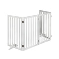 White freestanding wooden pet gate with steel hinges folded in a protective zigzag pattern