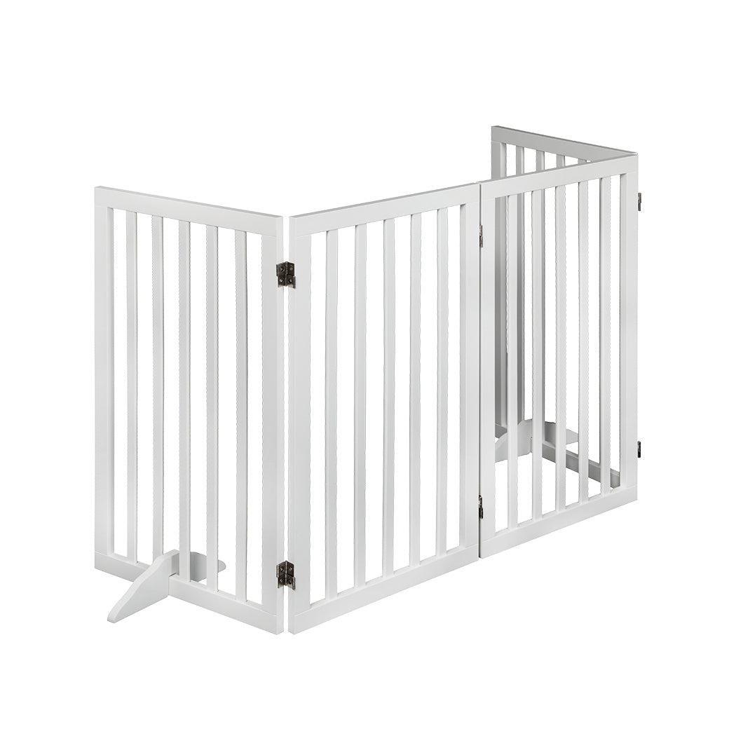 White freestanding wooden pet gate with steel hinges folded in a protective zigzag pattern
