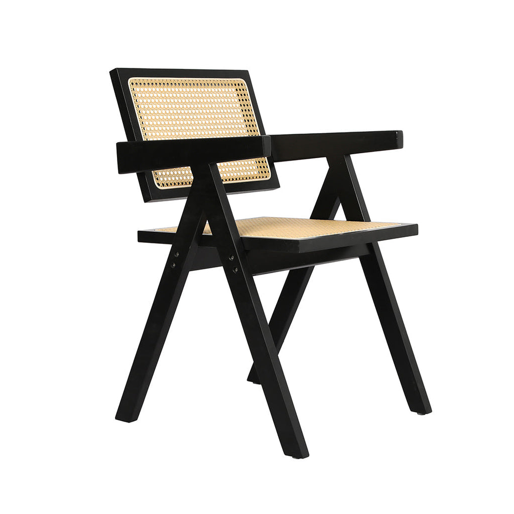 Black wicker rattan dining armchair with solid rubber wood frame and comfortable seat cushion.