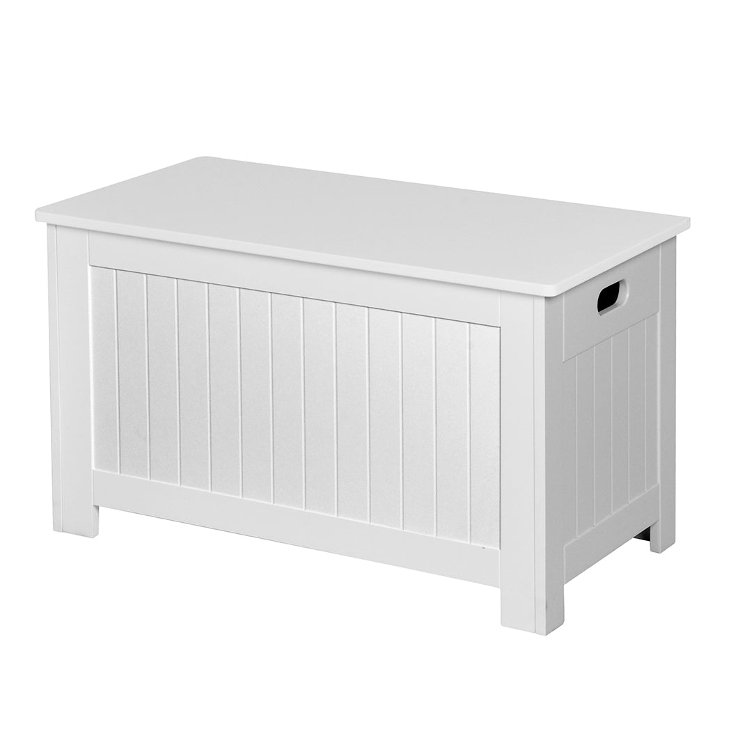 White kids toy box storage chest with soft-close hinges, used as a bench or table