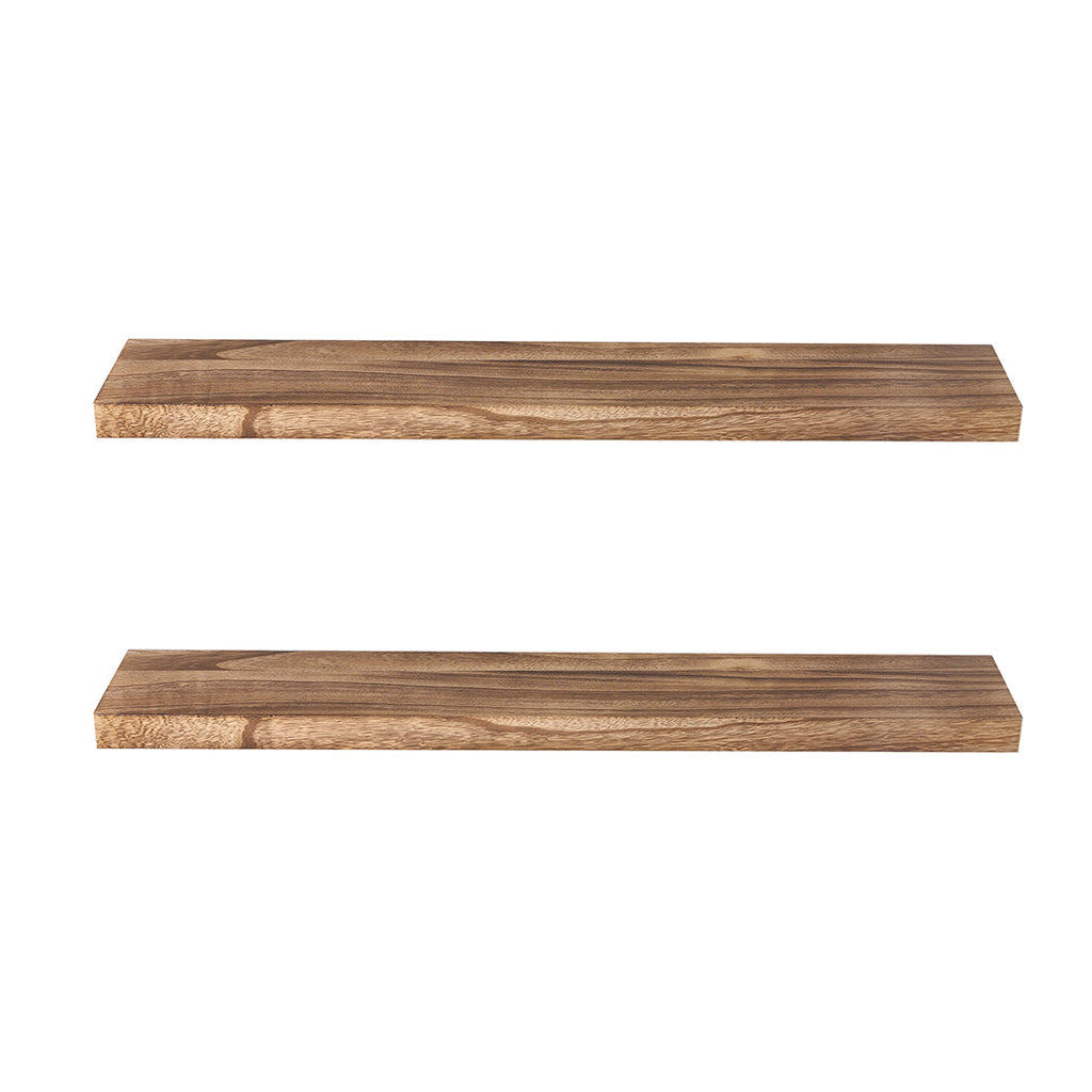 Two natural Paulownia wood floating shelves mounted on a wall displaying decorative living room items