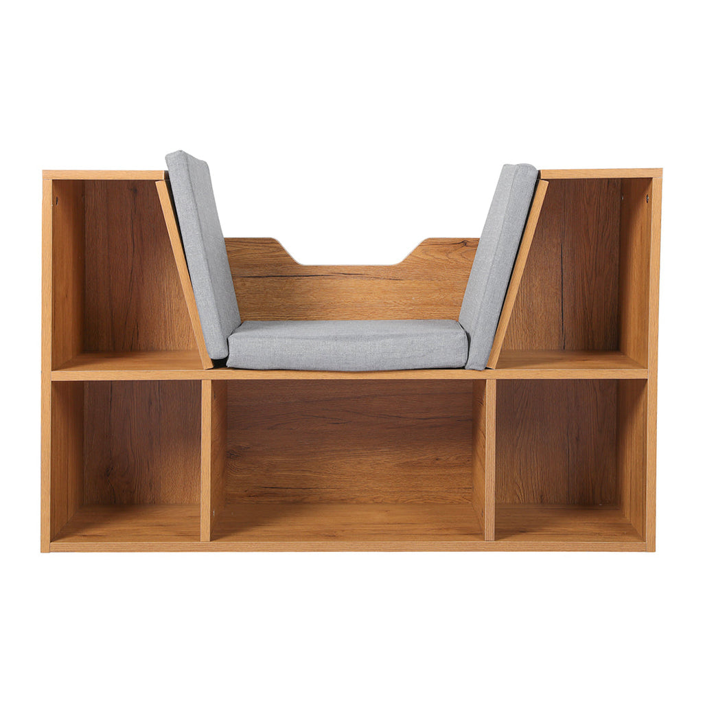 Brown wooden kids bookcase and toy box storage shelf with padded seating cushion