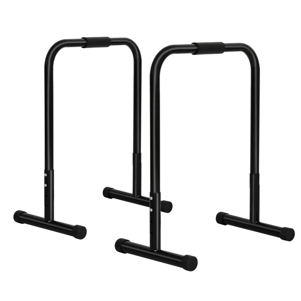 Black adjustable parallel dip bar station made of steel for home gym workouts