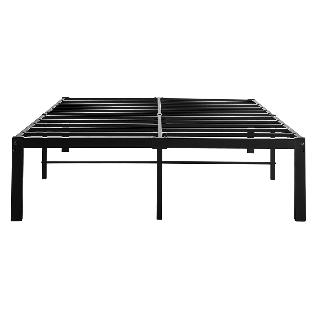 Black heavy duty metal platform bed frame with elevated under bed storage space and sturdy slats