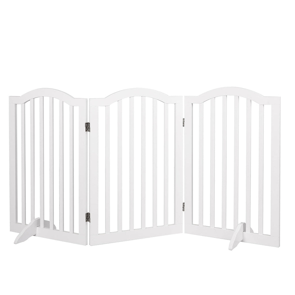 White wooden free-standing pet gate with foldable multi-panel design and stabilizing support feet