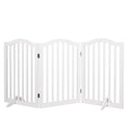 White wooden free-standing pet gate with foldable multi-panel design and stabilizing support feet